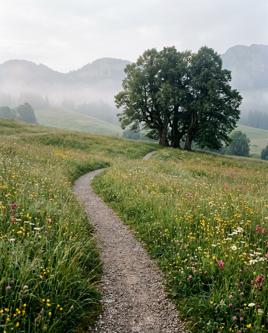 Feldweg durch eine blühende Wiese im Westallgäu, im Hintergrund Linden und sanfte Hügel